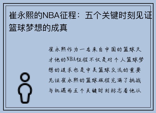 崔永熙的NBA征程：五个关键时刻见证篮球梦想的成真
